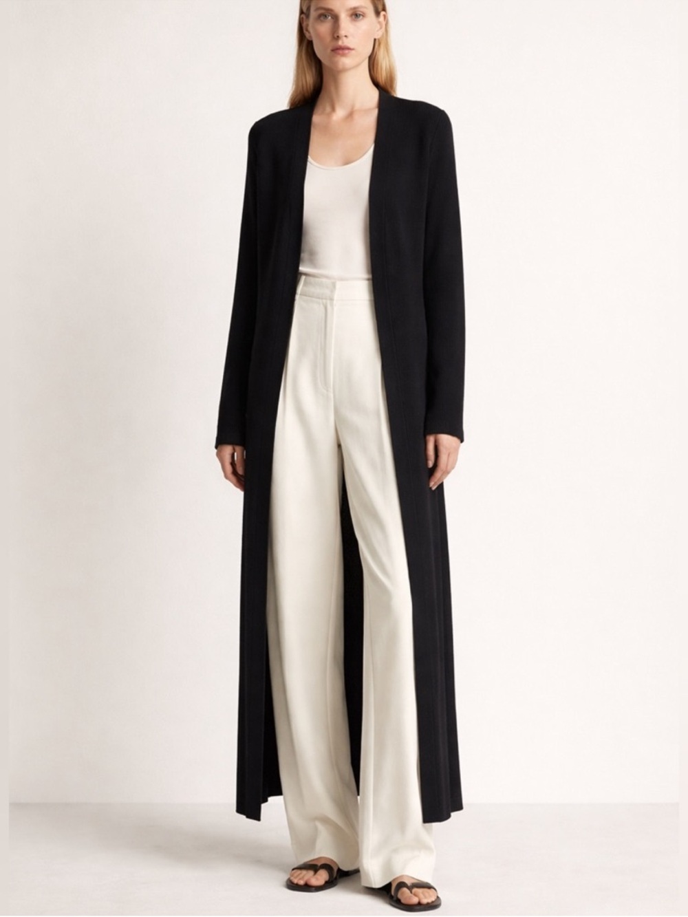 Eileen Fisher Black Wool Long Duster Open Front Cardigan Size Medium